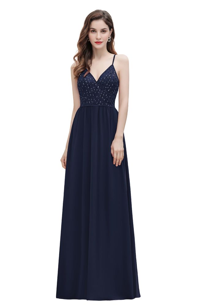 Robe de soirée trapèze sans manches à col en V et paillettes