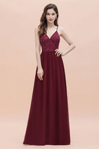 Robe de soirée trapèze sans manches à col en V et paillettes