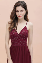 Robe de soirée trapèze sans manches à col en V et paillettes