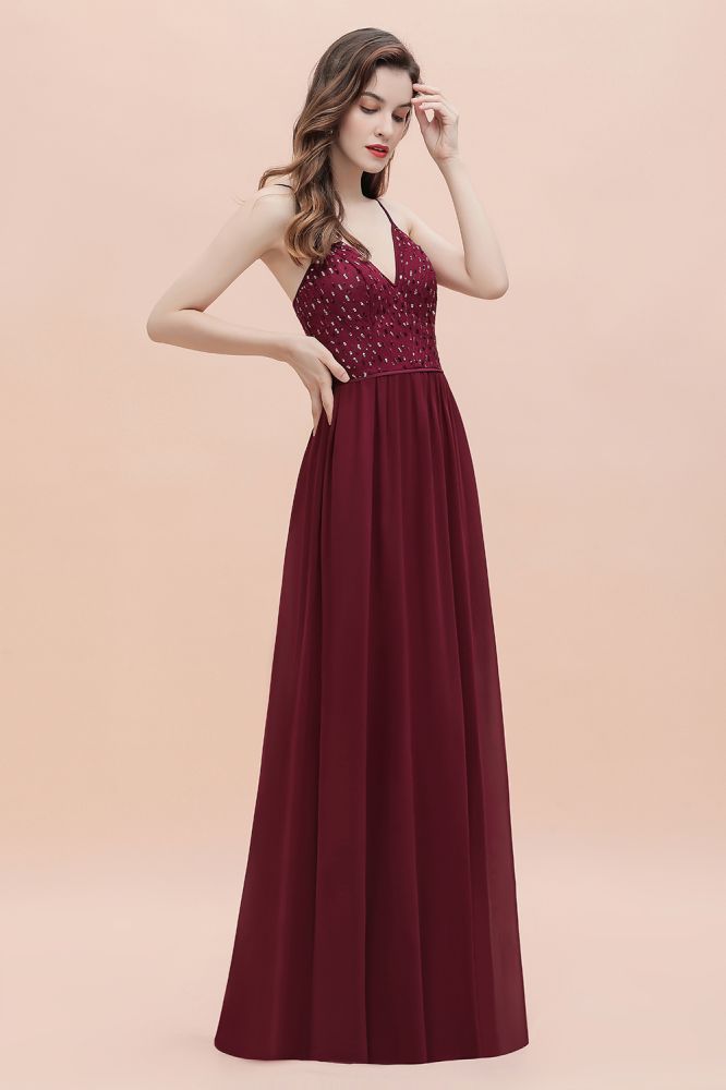 Robe de soirée trapèze sans manches à col en V et paillettes