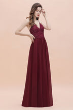 Robe de soirée trapèze sans manches à col en V et paillettes