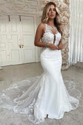 Robe de mariée sirène sans manches à col en V et applications de dentelle, longueur au sol