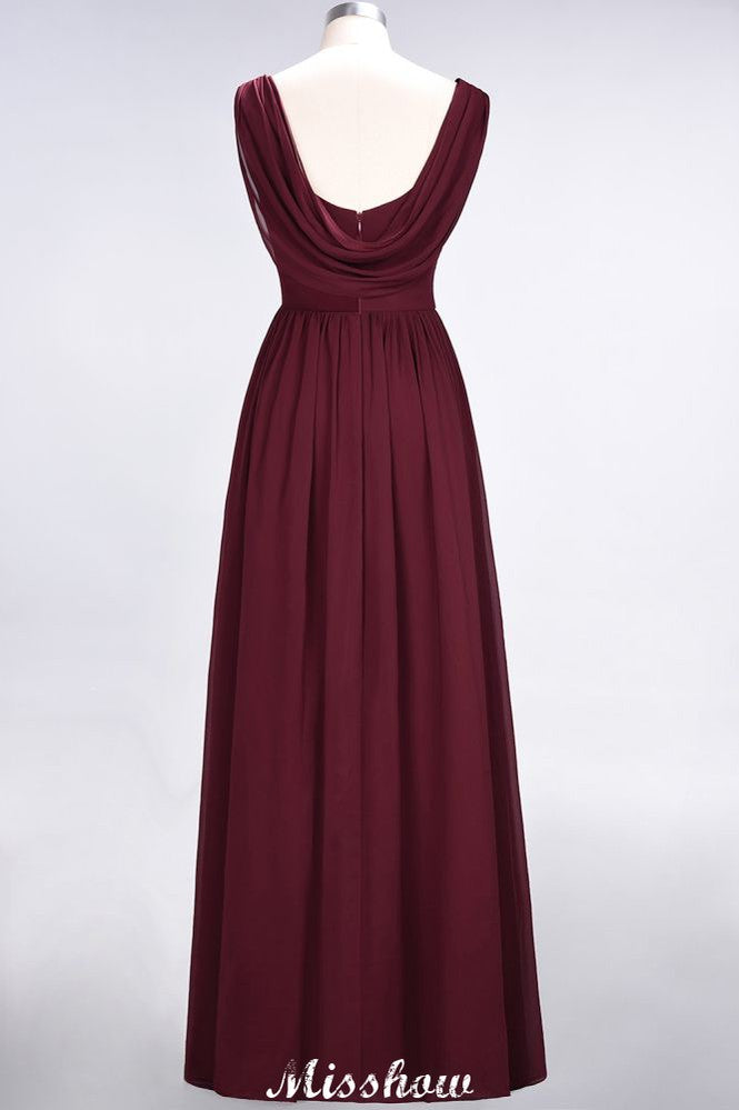 Robe de demoiselle d'honneur longue sans manches à col en V, coupe trapèze, volants, en mousseline de soie.