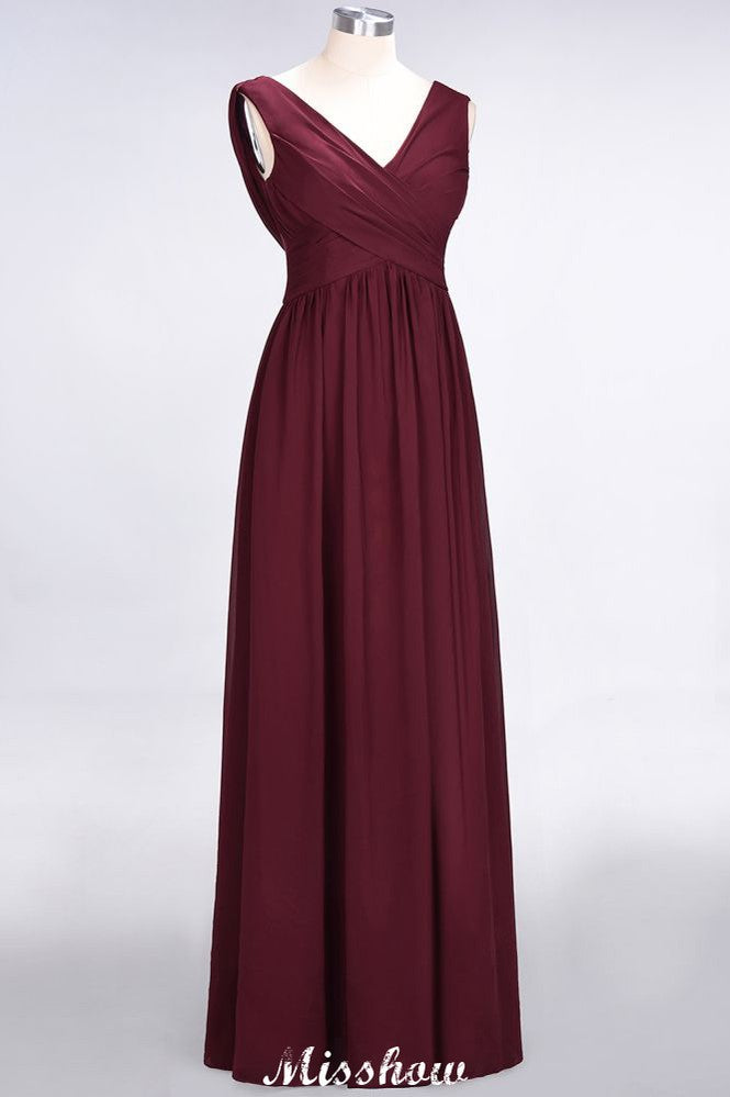 Robe de demoiselle d'honneur longue sans manches à col en V, coupe trapèze, volants, en mousseline de soie.
