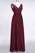 Robe de demoiselle d'honneur longue sans manches à col en V, coupe trapèze, volants, en mousseline de soie.