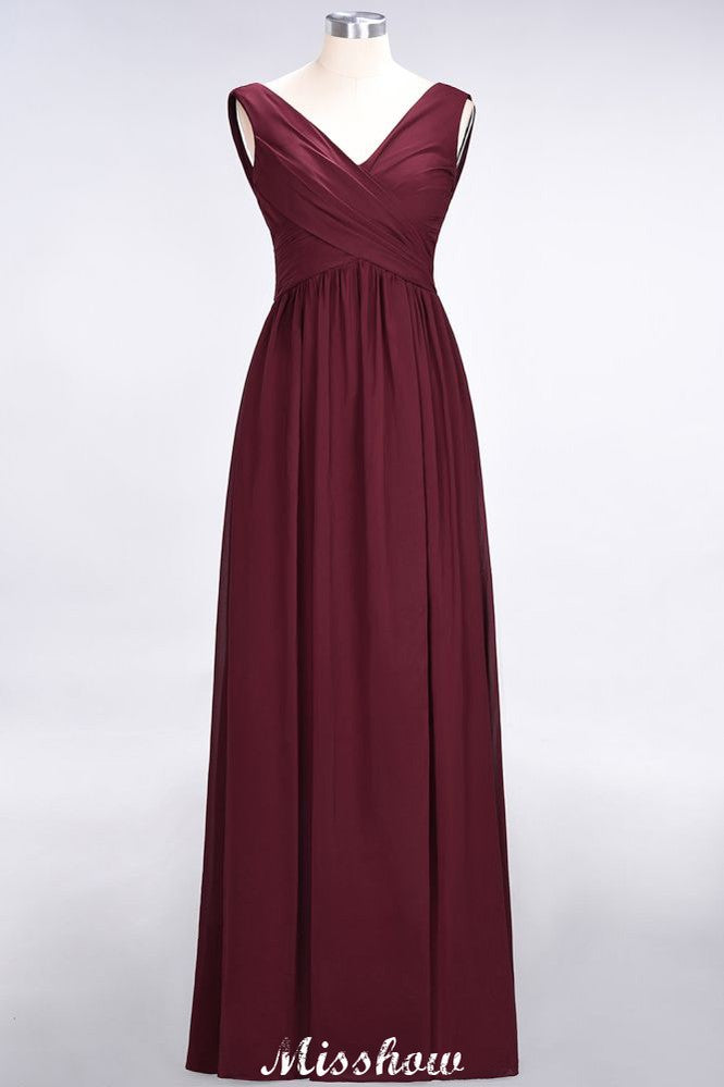 Robe de demoiselle d'honneur longue sans manches à col en V, coupe trapèze, volants, en mousseline de soie.
