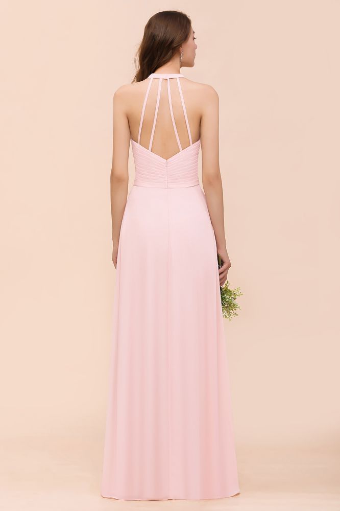 Vestido largo de dama de honor sin mangas con escote en V, de gasa rosa, ideal para bodas en la playa.