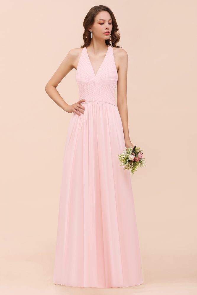 Vestido largo de dama de honor sin mangas con escote en V, de gasa rosa, ideal para bodas en la playa.