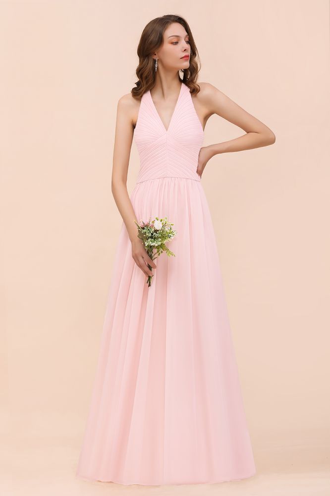 Vestido largo de dama de honor sin mangas con escote en V, de gasa rosa, ideal para bodas en la playa.