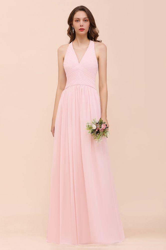 Vestido largo de dama de honor sin mangas con escote en V, de gasa rosa, ideal para bodas en la playa.
