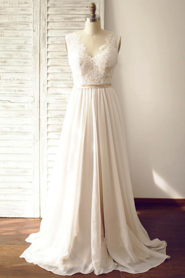 Robe de mariée sans manches à col en V et dos nu avec ceinture en dentelle PG200