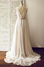 Robe de mariée sans manches à col en V et dos nu avec ceinture en dentelle PG200