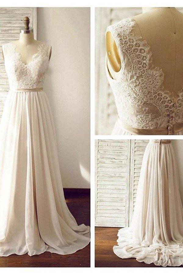 Robe de mariée sans manches à col en V et dos nu avec ceinture en dentelle PG200