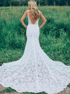 Robe de mariée en dentelle sans manches à col en V, dos nu froncé et traîne courte WD141 