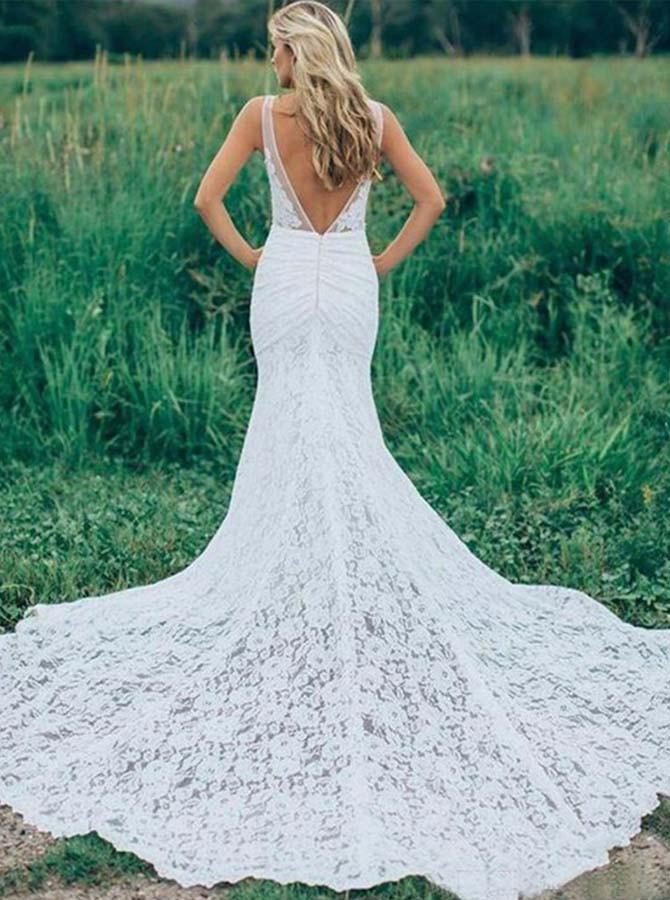 Robe de mariée en dentelle sans manches à col en V, dos nu froncé et traîne courte WD141 
