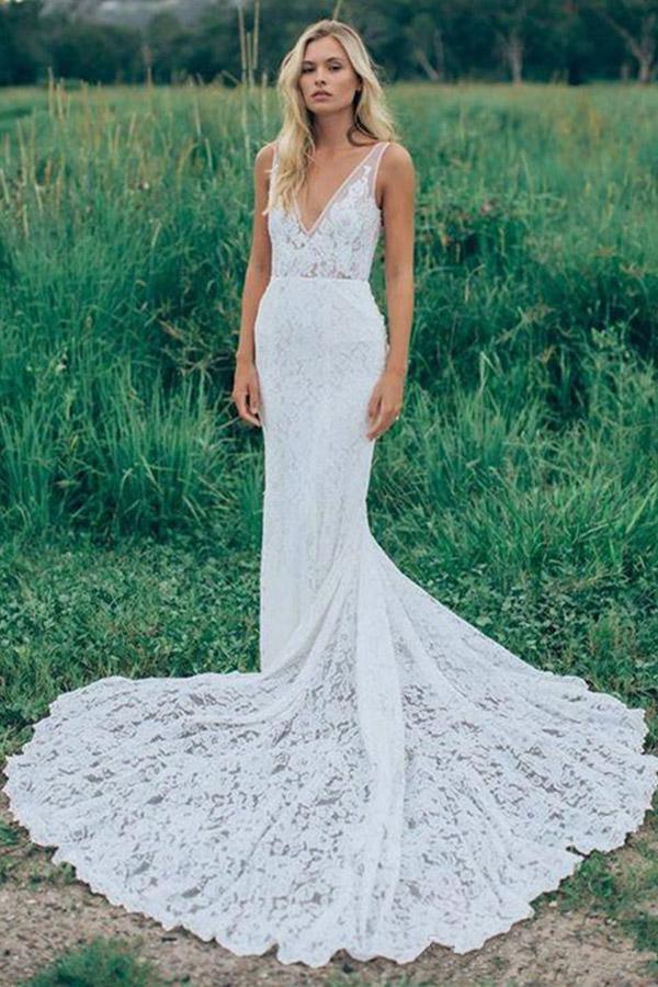 Robe de mariée en dentelle sans manches à col en V, dos nu froncé et traîne courte WD141 
