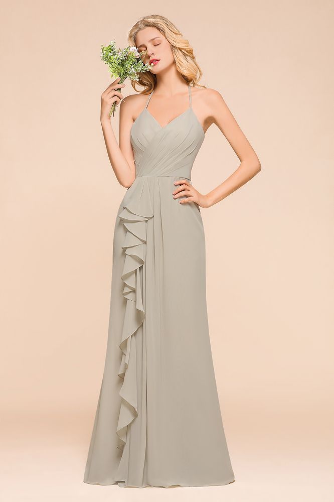 Robe de demoiselle d'honneur longue à bretelles spaghetti et décolleté en V, plis