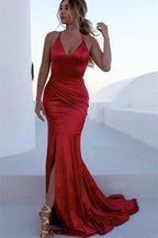 V-Neck Spaghetti Sleeveless Mermaid Front Slit Prom Dresses