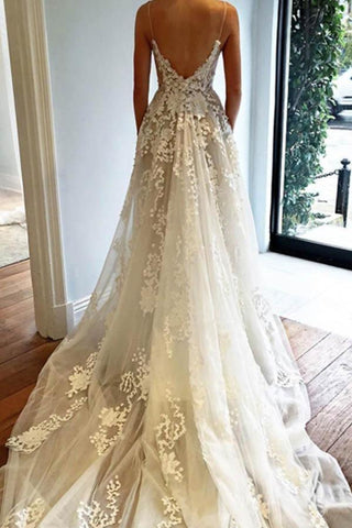 Robe de mariée en tulle à col en V, bretelles spaghetti, appliques et traîne courte WD165