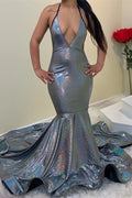Vestidos de fiesta sirena largos hasta el suelo con tirantes finos y escote en V