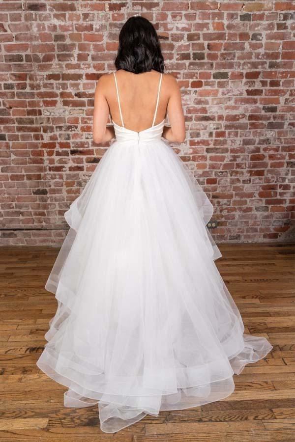 Vestido de novia blanco satinado hasta el suelo, con tirantes y escote en V, sin volantes WD425