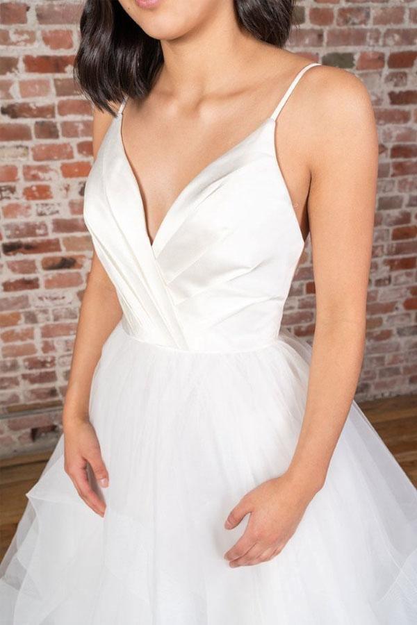 Vestido de novia blanco satinado hasta el suelo, con tirantes y escote en V, sin volantes WD425