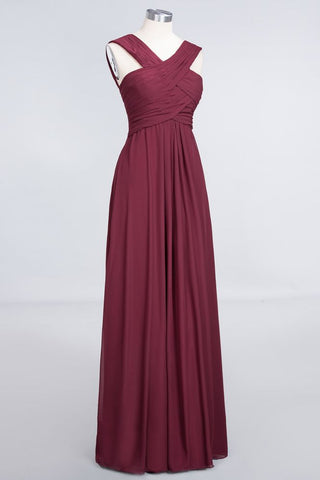 V-Neck Straps Sleeveless Floor-Length Bridesmaid Dress with Ruffles