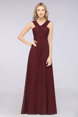 V-Neck Straps Sleeveless Floor-Length Bridesmaid Dress with Ruffles