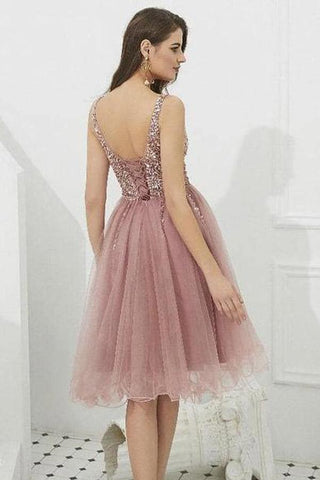 V-neck Tulle with Beaded Short Prom Dresses Homecoming Dresses PD366