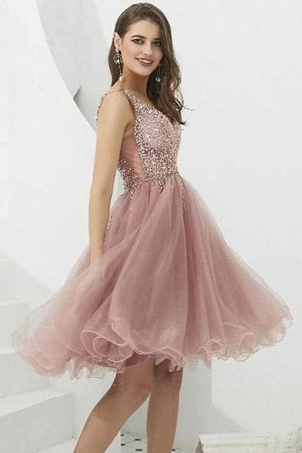 Vestidos cortos de fiesta de graduación con escote en V, tul y cuentas, vestidos de bienvenida PD366