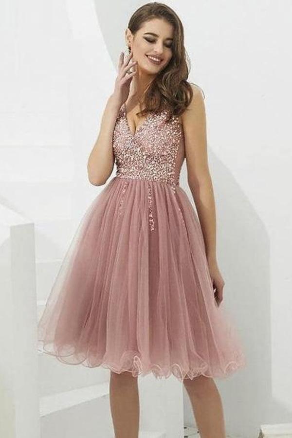 Vestidos cortos de fiesta de graduación con escote en V, tul y cuentas, vestidos de bienvenida PD366