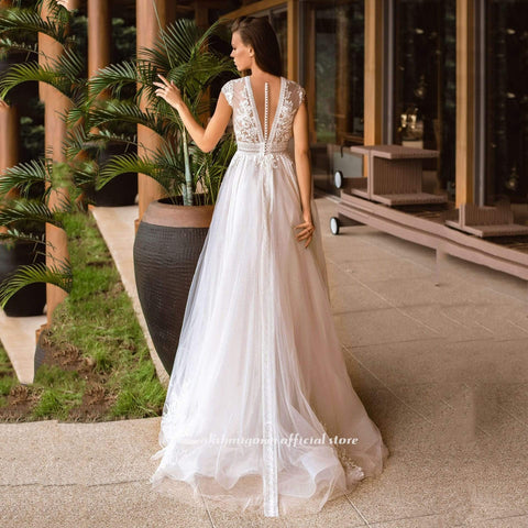 Baoleely V Neck Wedding Dresses A Line Cap Sleeve