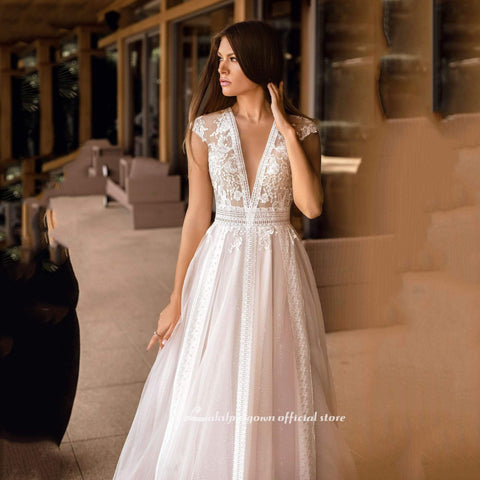 Baoleely V Neck Wedding Dresses A Line Cap Sleeve