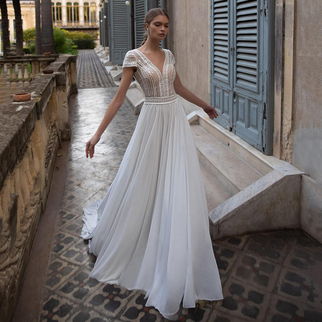 Baoleely V Neck Wedding Dresses A Line Cap Sleeve Bride Dresses