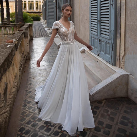 Baoleely V Neck Wedding Dresses A Line Cap Sleeve Bride Dresses
