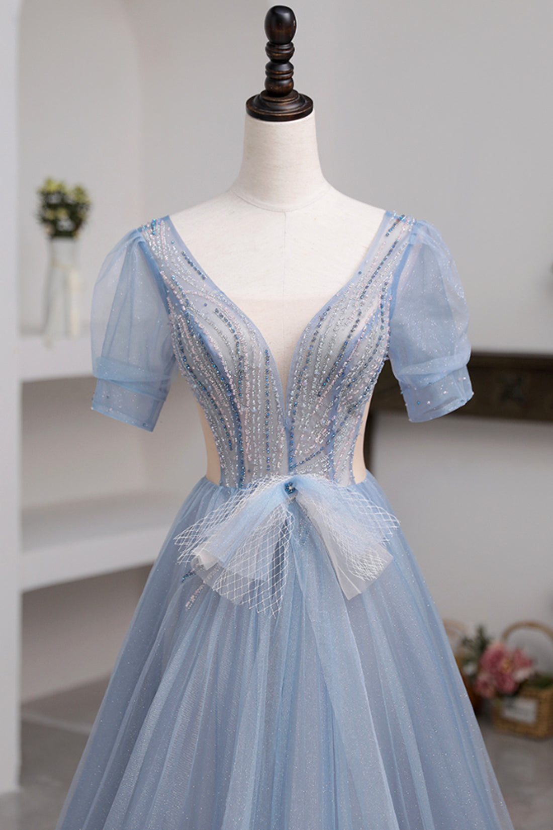 Short Sleeve Tulle Floor Length Prom Dress with Beaded