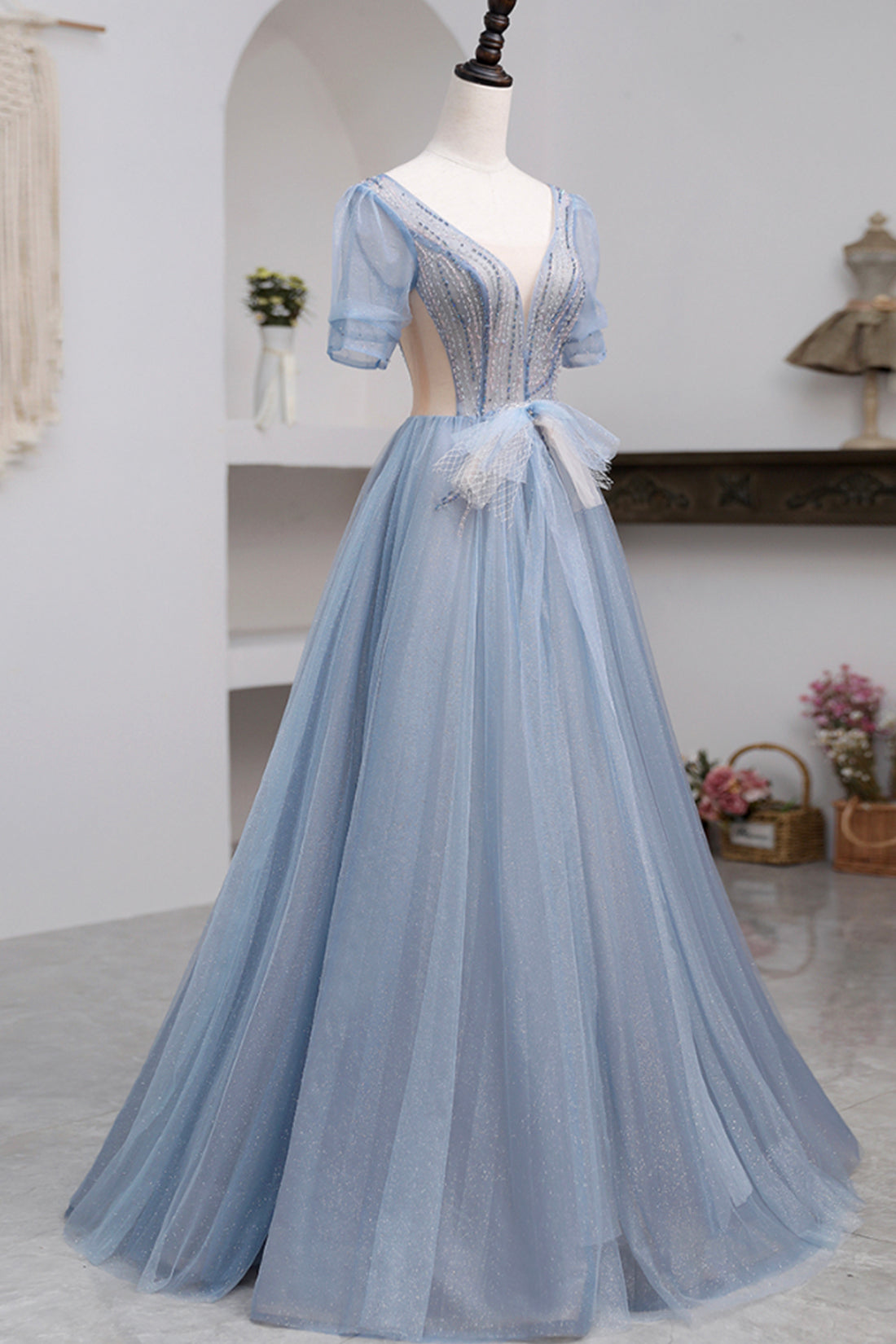 Short Sleeve Tulle Floor Length Prom Dress with Beaded