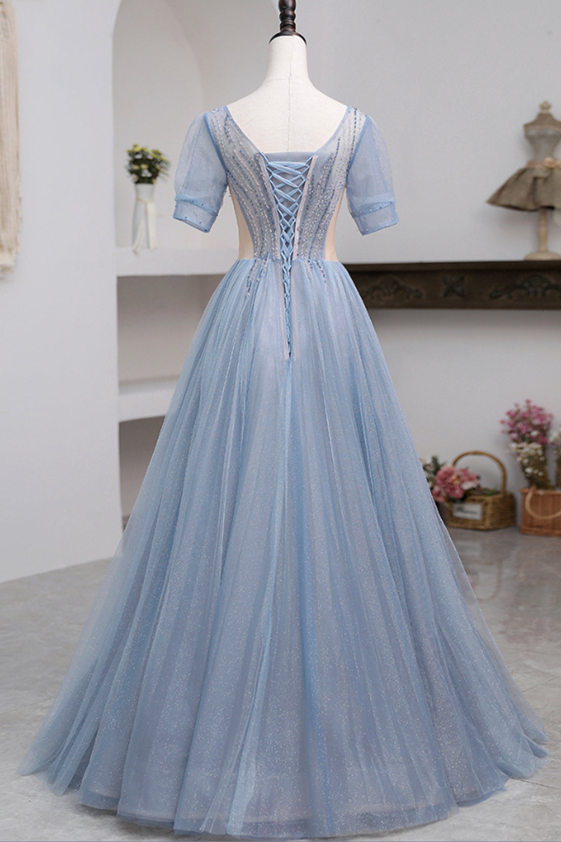 Short Sleeve Tulle Floor Length Prom Dress with Beaded