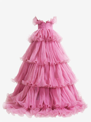 Vanessa | Robe de bal rose bustier en tulle froissé à volants, coupe trapèze
