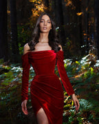Robes de soirée longues en velours rouge | Robes de bal à manches