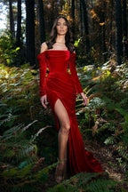 Robes de soirée longues en velours rouge | Robes de bal à manches