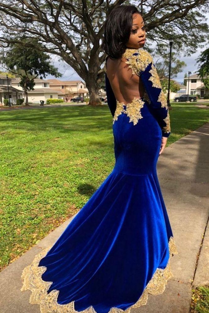 Velvet Long Sleevess Mermaid Front Split Gold Apliques Formal Dresses Royal Blue