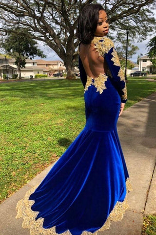 Velvet Long Sleevess Mermaid Front Split Gold Apliques Formal Dresses Royal Blue