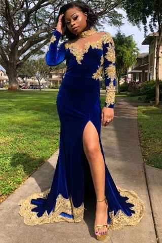 Velvet Long Sleevess Mermaid Front Split Gold Apliques Formal Dresses Royal Blue