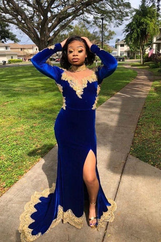 Velvet Long Sleevess Mermaid Front Split Gold Apliques Formal Dresses Royal Blue