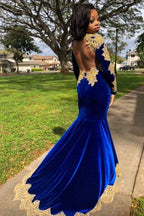 Velvet Long Sleevess Mermaid Front Split Gold Apliques Formal Dresses Royal Blue