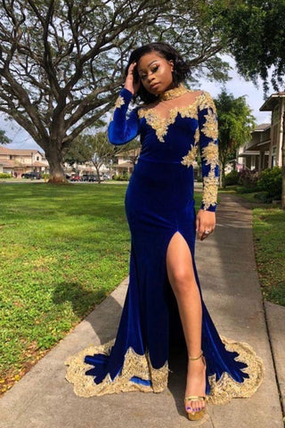 Velvet Long Sleevess Mermaid Front Split Gold Apliques Formal Dresses Royal Blue