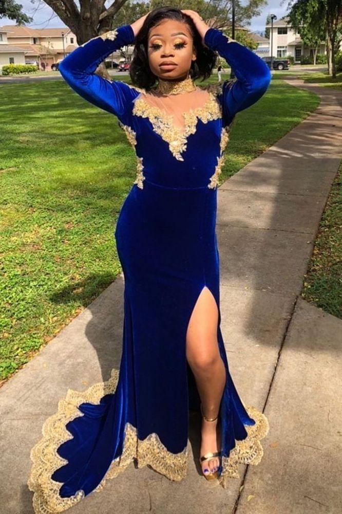 Velvet Long Sleevess Mermaid Front Split Gold Apliques Formal Dresses Royal Blue