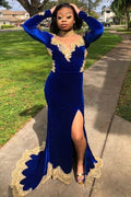 Velvet Long Sleevess Mermaid Front Split Gold Apliques Formal Dresses Royal Blue