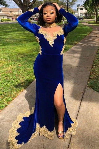 Velvet Long Sleevess Mermaid Front Split Gold Apliques Formal Dresses Royal Blue